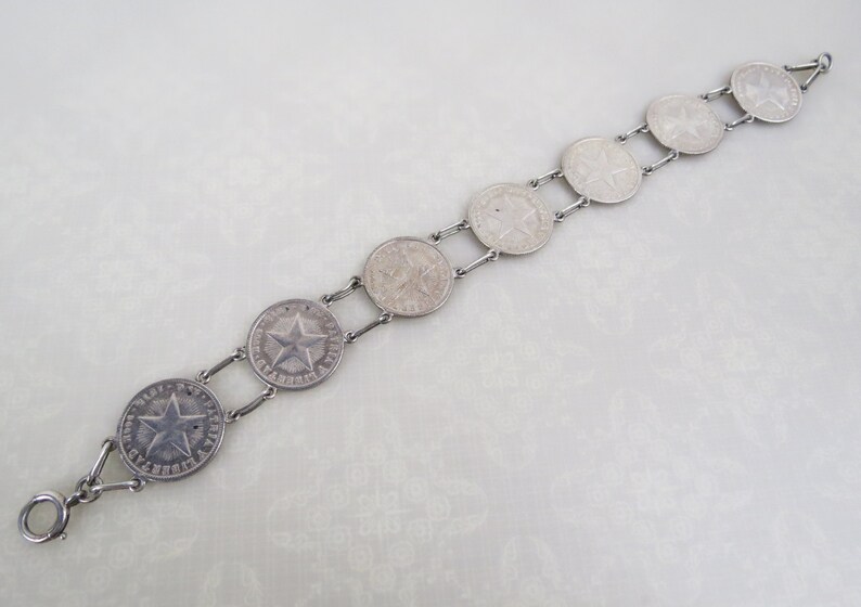 1910s Diez Centavos coin link sterling silver bracelet
