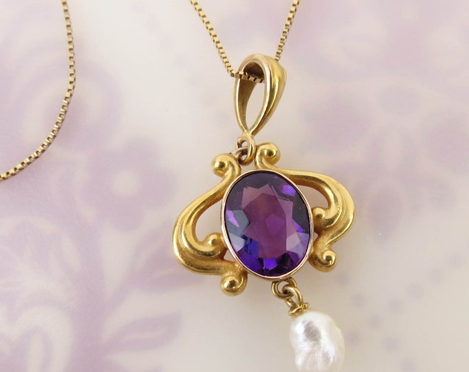 Estate Art Nouveau 14k Yellow Gold Amethyst Baroque Pearl Pendant by ...