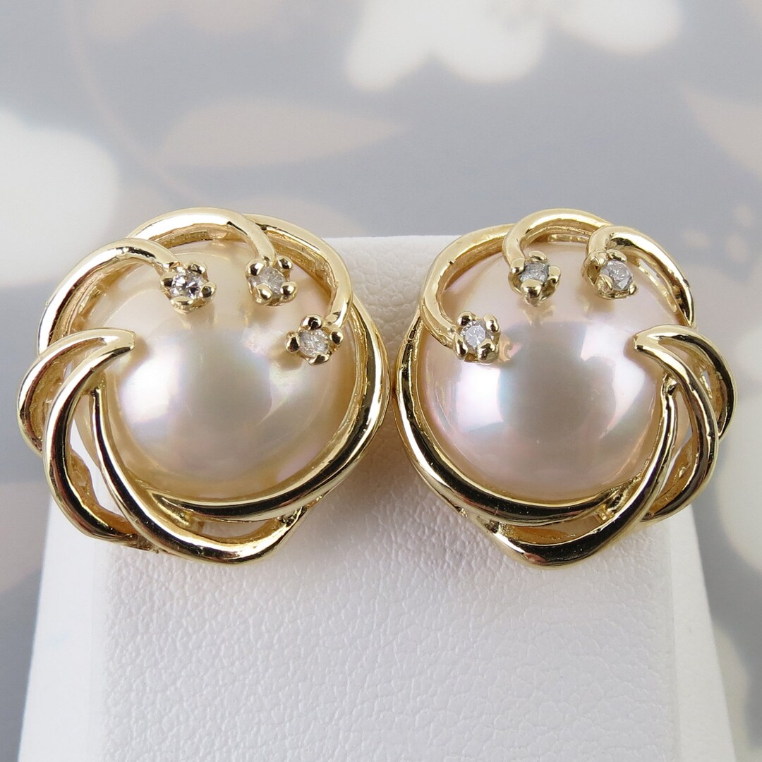 Diamond Swirls Over Natural Mabe Pearl 14k Gold Post Stud Earrings