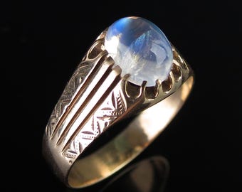Antique 14k Yellow Gold Moonstone Ring, Signed ZA, Size 8.25