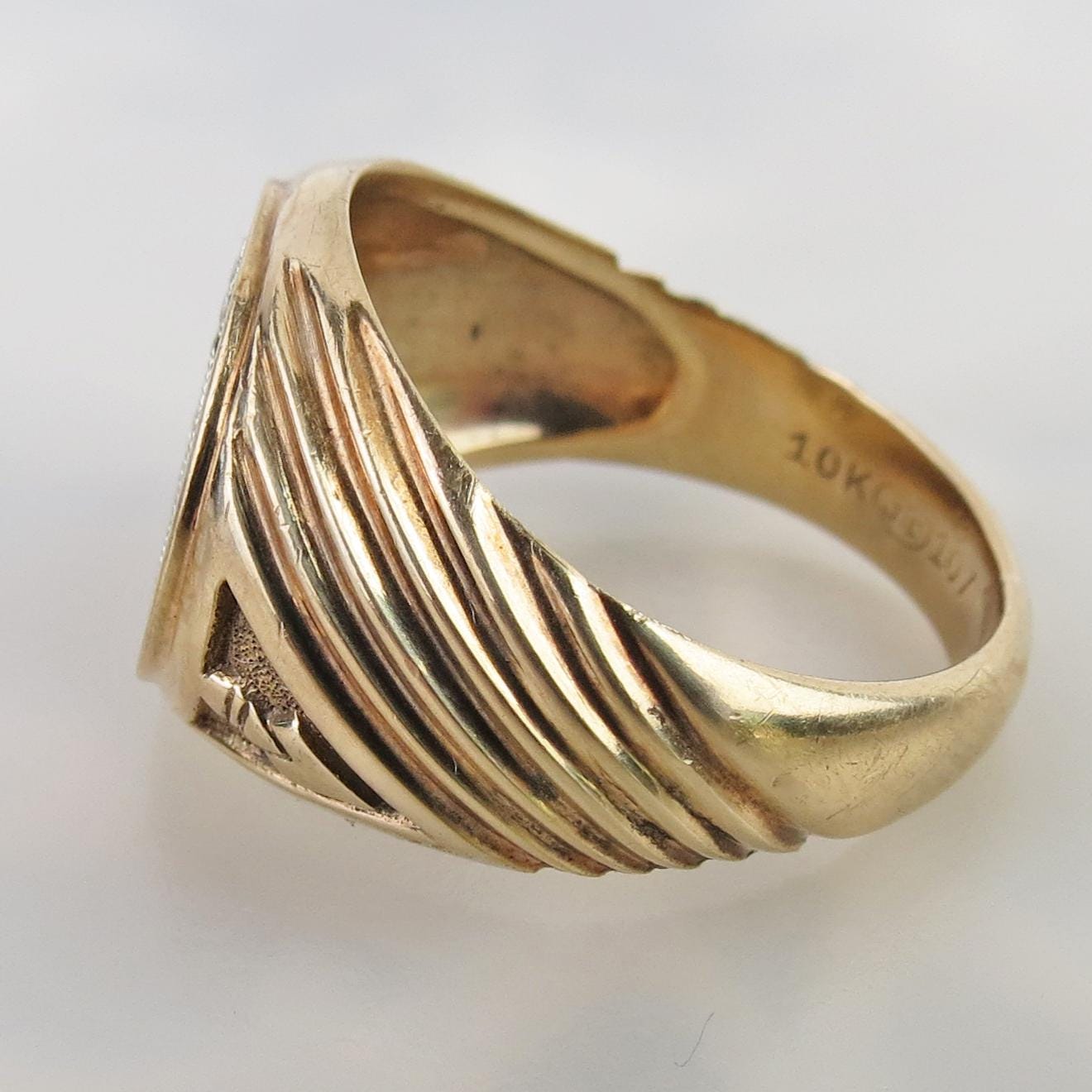 Men's 10k Two-Tone Gold Freemason Square & Compass Nugget Band Ring (Size 5.75) - View #2