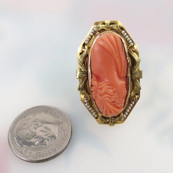 Ornate estate antique carved coral cameo ring wit… - image 9