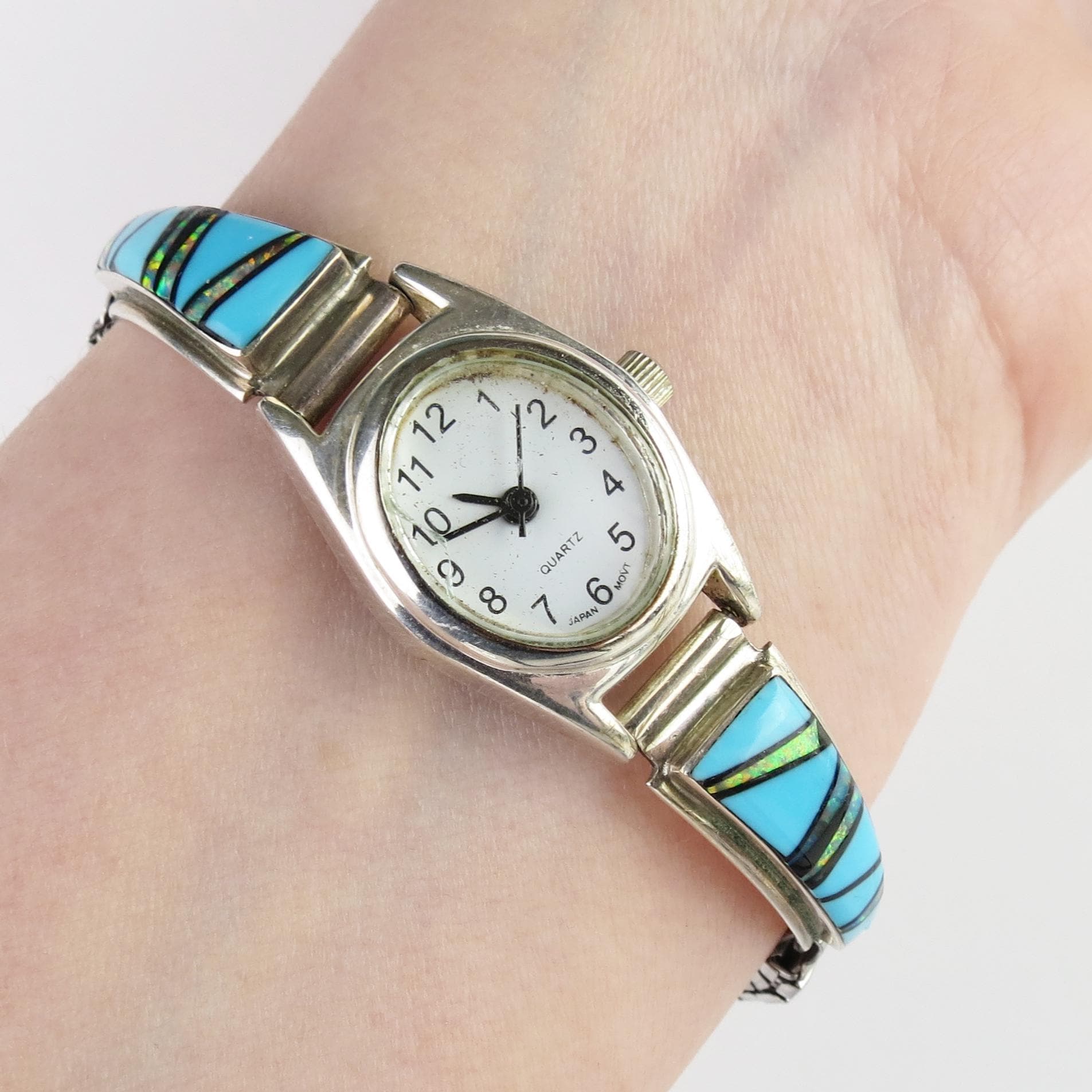 Vintage Native American Sterling Silver Turquoise Opal Inlay Watch