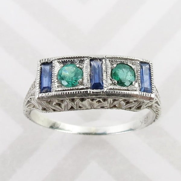 Natural emerald and sapphire 18k white gold vintage art deco filigree ring size 6.25