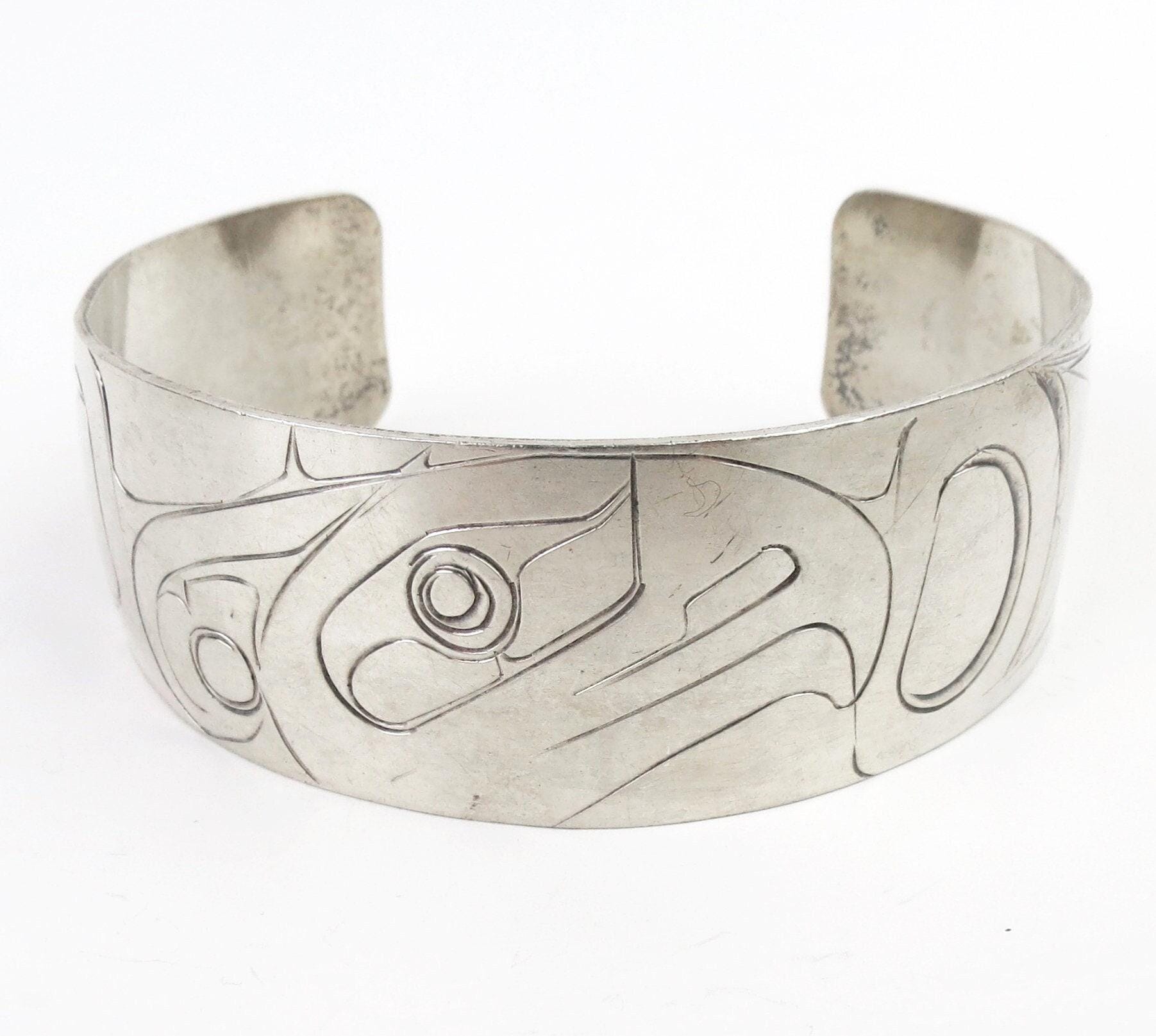 Vintage Haida Eagle Sterling Silver Cuff Bracelet, Signed FN