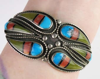 Vintage Zuni Inlay Sterling Silver Cuff Bracelet: Olive Green, Turquoise, Coral