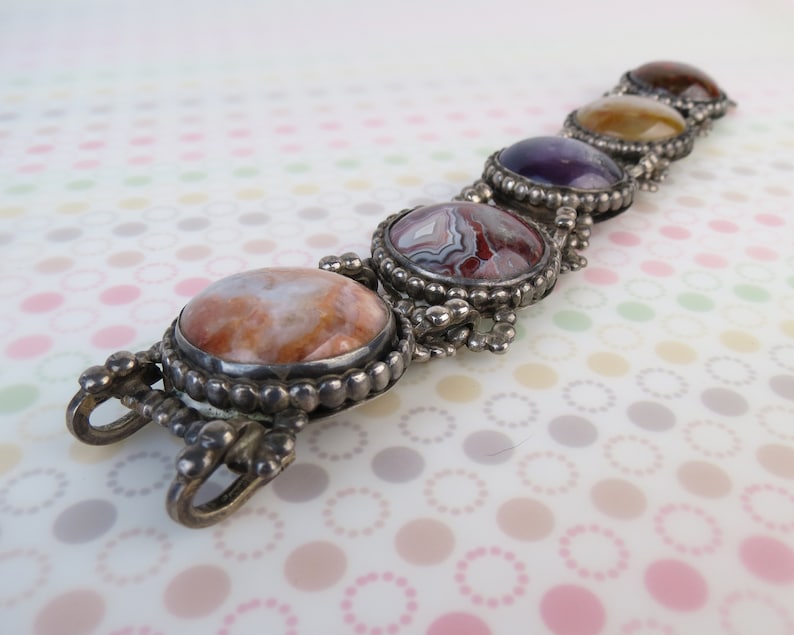 Super colorful Amethyst Plume Lace agate jasper VTG heavy sterling silver bracelet