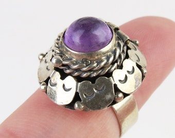 Eagle 3 vintage Taxco Mexican sterling silver amethyst poison pill locket ring adjustable ring size 4.5 +