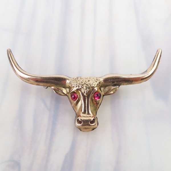 Vintage 10k yellow gold red eye Texas long horn bull brooch hat pin by Ricardo