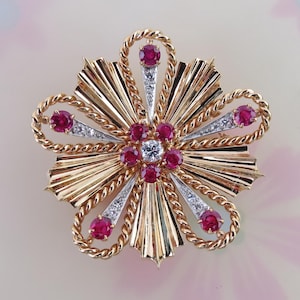 Cartier vintage natural red ruby diamond 14k yellow & white gold floral starburst brooch pin