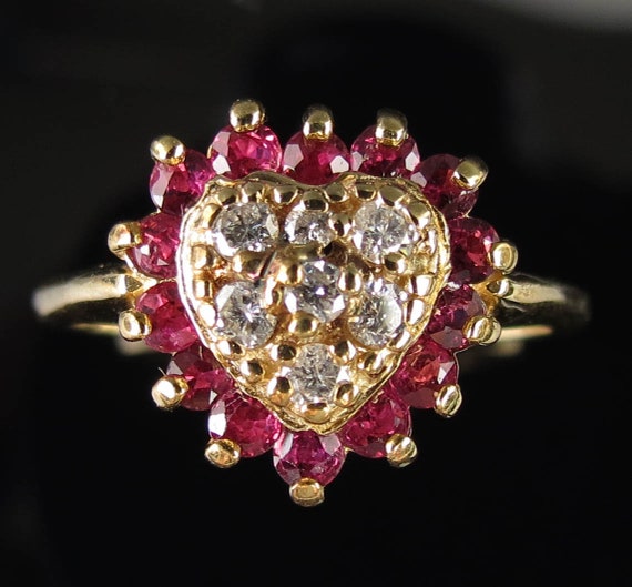 Natural red ruby halo heart diamond cluster cente… - image 1