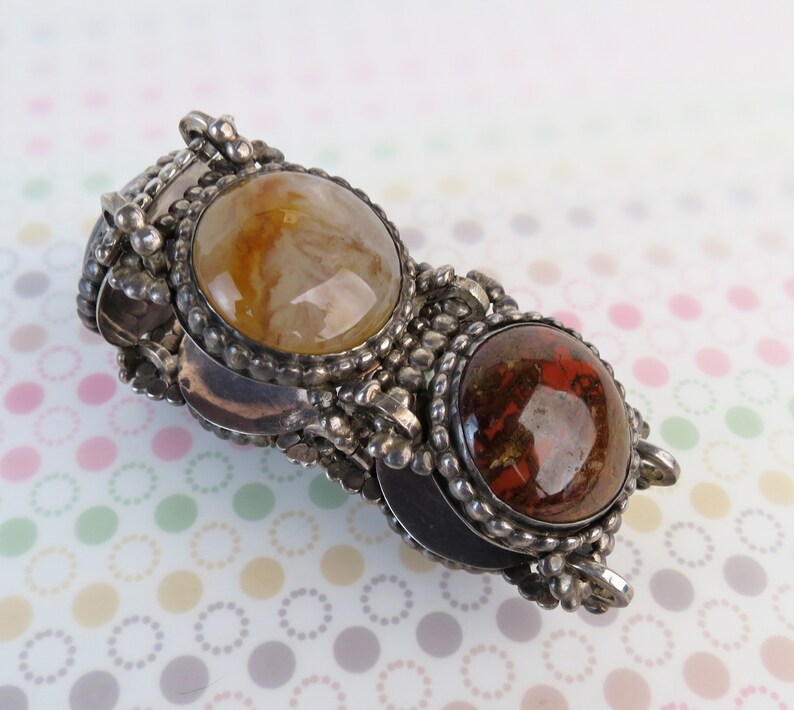 Super colorful Amethyst Plume Lace agate jasper VTG heavy sterling silver bracelet