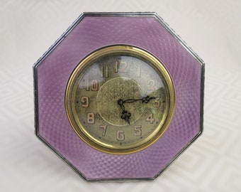 Vintage 1930s sterling silver Art Deco octagonal lavender guilloche enameled clock with easel back - running