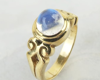 Lovely thick 9k yellow gold ring setting with 1.85 carat moonstone fine blue flashes - size 7.25