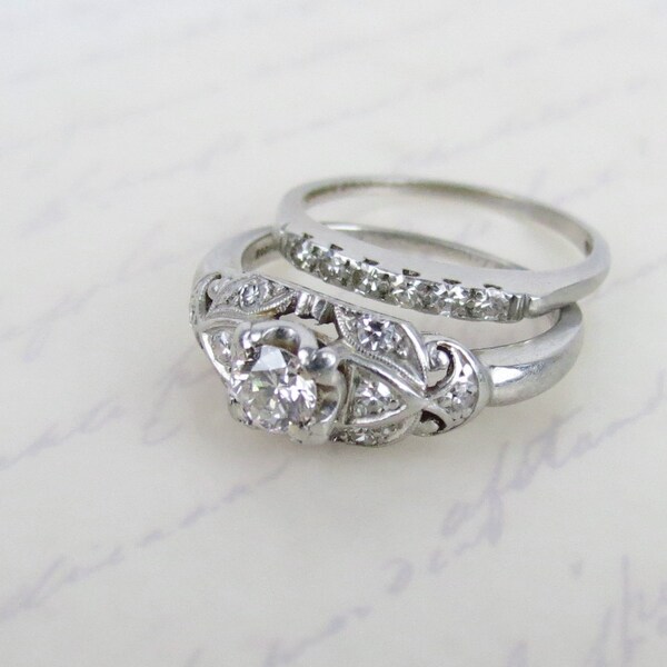 Platinum .53 cwt diamond inscribed engagement wedding ring set by Granat Bros