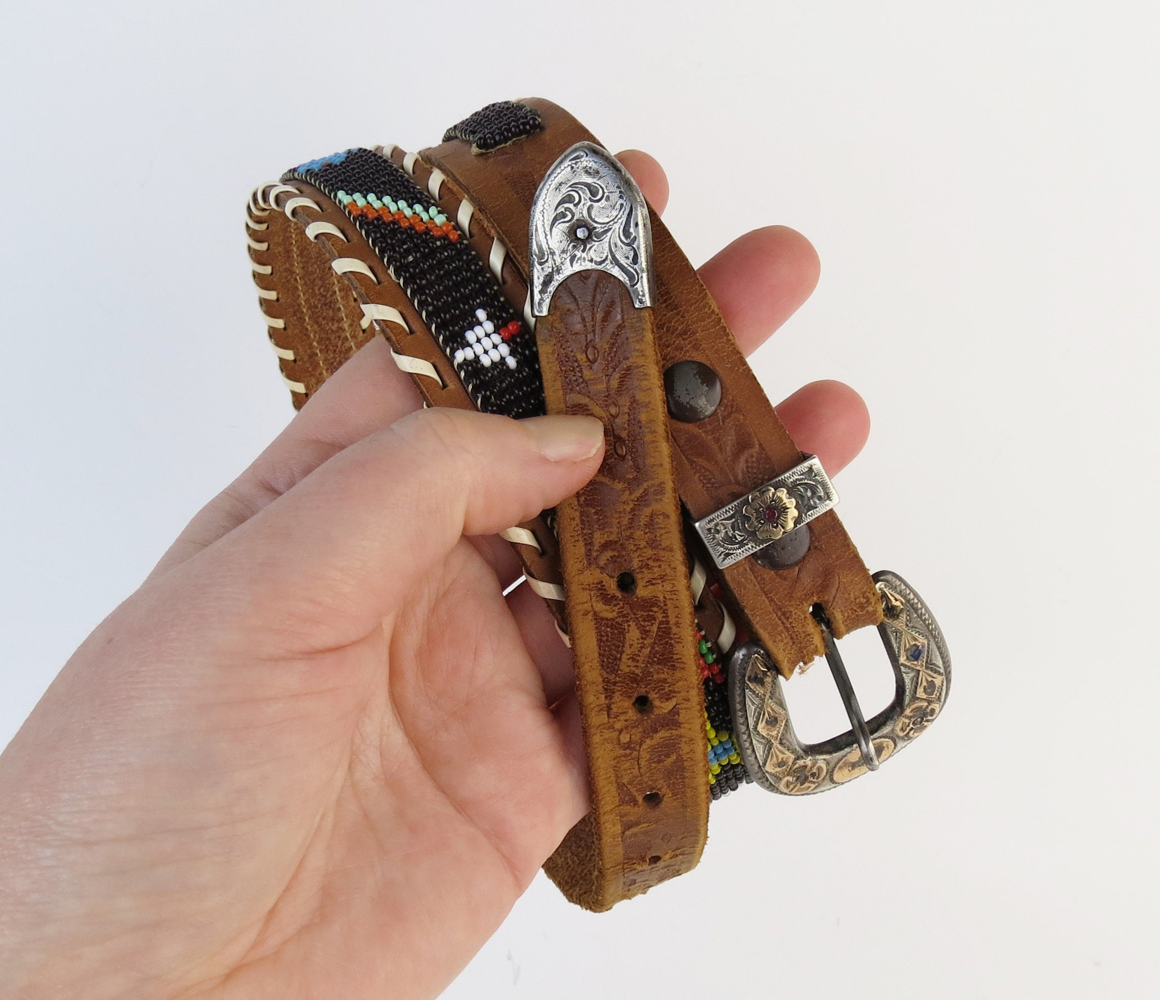 Vintage Sterling Silver Mexico Ranger Belt Women Copper Overlay Leather 32-36 Vintage Mexican Sterling Silver Longhorn Ranger Belt Buckle  main image 4