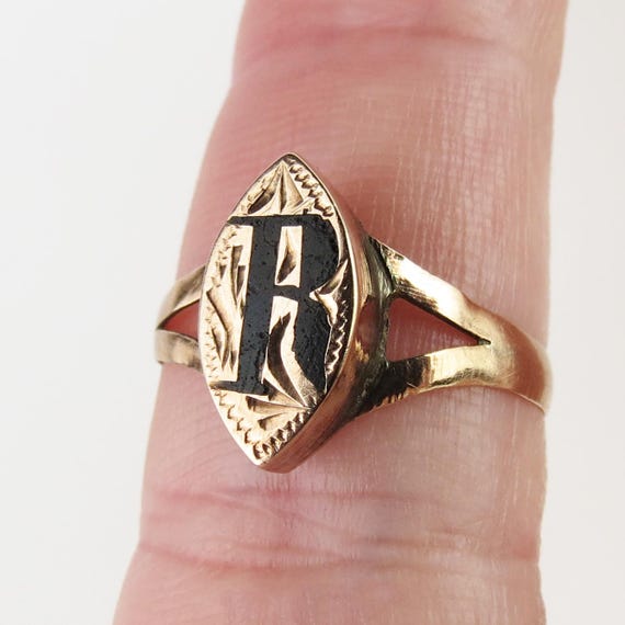 Signet Ring Letter R Antique Victorian signet letter R monogram 10k yellow… - Gem