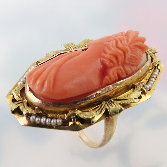 Ornate estate antique carved coral cameo ring wit… - image 4