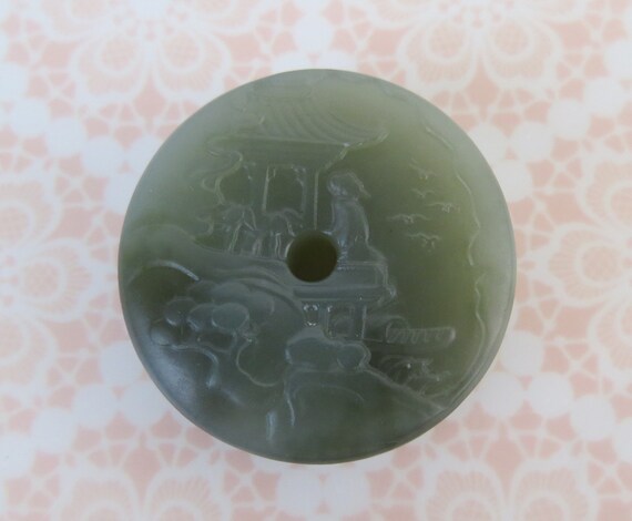 Dark sea green carved two sided garden scene Chin… - image 2