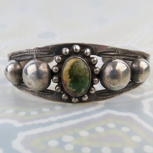 Vintage Fred Harvey style sterling silver green brown turquoise cuff bracelet with horse , lightning arrow and sun symbols