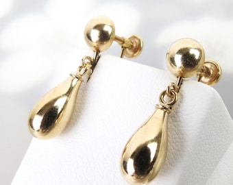 Vintage 1970s ball and tear drop dangle 14k yellow gold screwback earrings