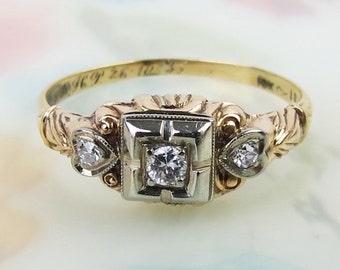 Inscribed and dated 1935 18k yellow white gold two hearts diamond ring size 5