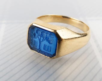 Bailey, Banks & Biddle vintage blue glass intaglio tree and house 10k yellow gold dated ring size 6.75