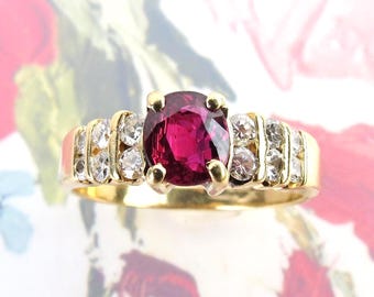 One carat vivid red natural Ruby .32 carat diamond accents 14k yellow gold pre owned ring size 8