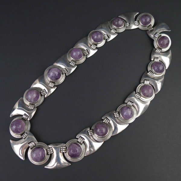 Mexican master silversmith Fred Davis vintage sterling silver amethyst Modernist choker necklace