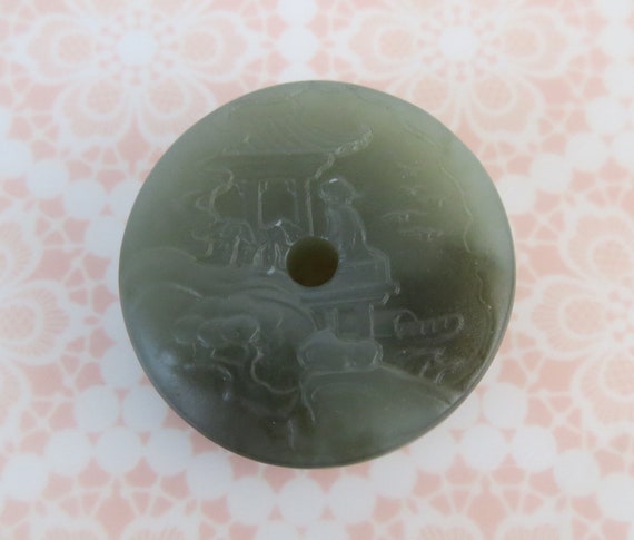 Dark sea green carved two sided garden scene Chin… - image 7