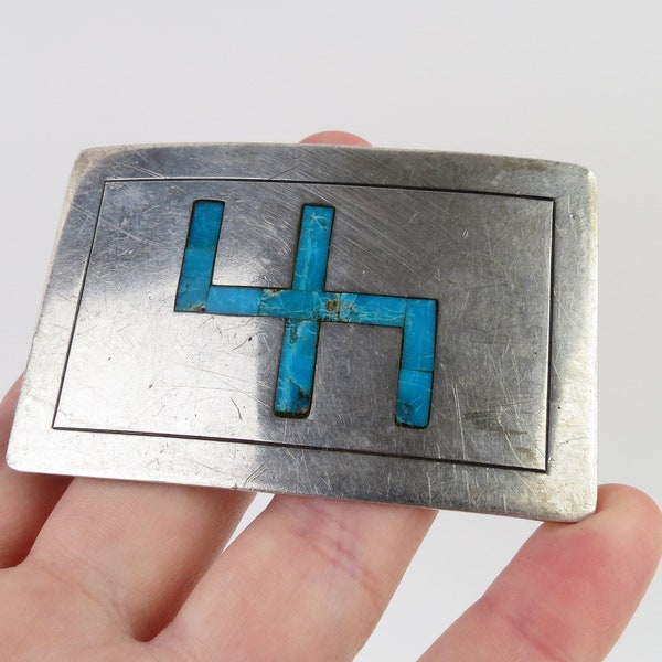 Vintage Southwest symbol with nod to 4-H Head, Heart, Hands and Health sterling silver turquoise inlay belt buckle