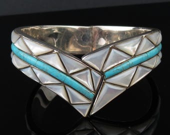 Southwest Mother of pearl blue turquoise sterling silver clamper bracelet by David R Freeland Jr