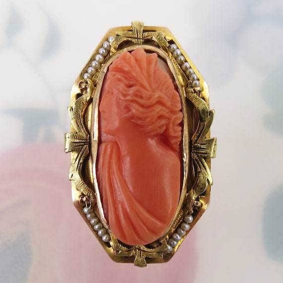 Ornate estate antique carved coral cameo ring wit… - image 1