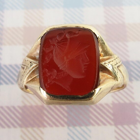 Inscribed 1938 from "Mommy" 10k yellow gold ring carnelian intaglio vintage ring by Allsopp Bros NJ - size 9.5