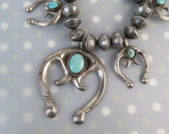 Reserved for Rena: Navajo native American 360 gm VTG mercury dime turquoise sterling silver naja squash blossom necklace