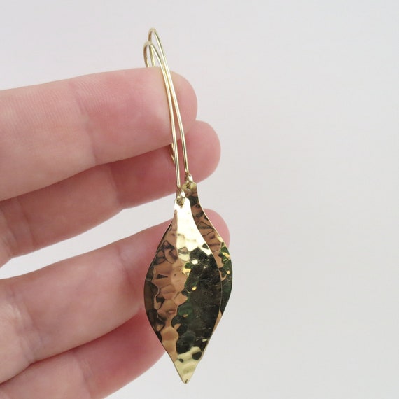 Dimpled leaf textured 14k yellow gold long earrin… - image 10