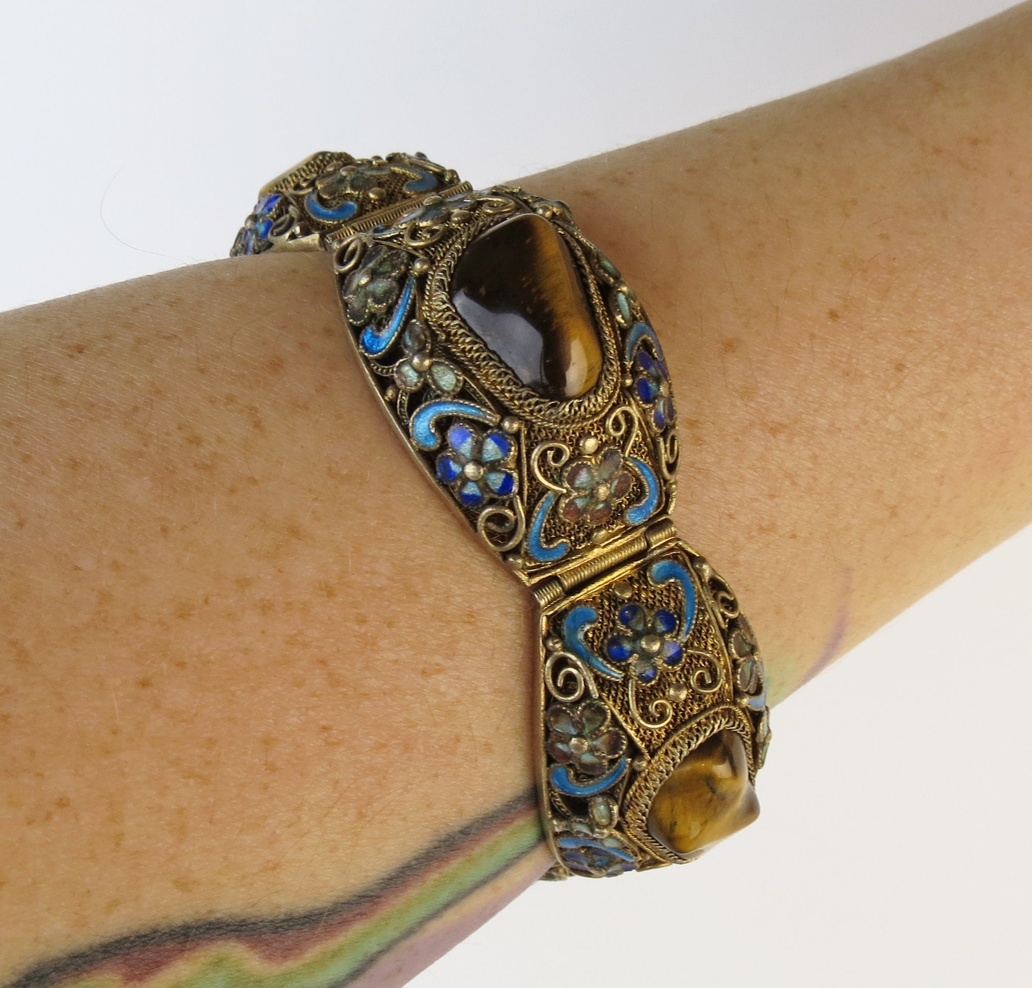 Brass Filigree Bracelet with Red and Blue Natural Beads
