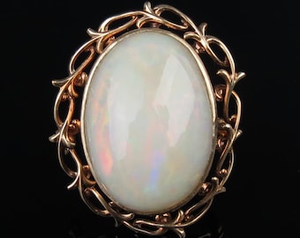 Large oval natural opal 11.95 carats 10k yellow gold vine design vintage brooch