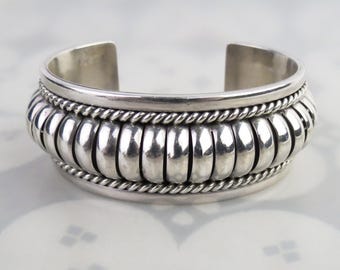 Thomas Charley signature vintage Native American sterling silver wide heavy cuff bracelet