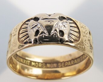 Antique dated 1865 uncommon Masonic Scottish Rite double eagle ring inscribed Armstrong w/ symbols 14k yellow gold size 7.5