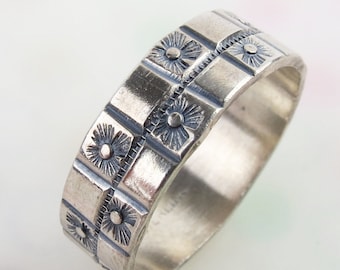 Vintage retro 1930s sunburst eternity sterling silver cigar band ring size 6