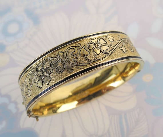 Antique Victorian Gold Filled chased enamel bangl… - image 2