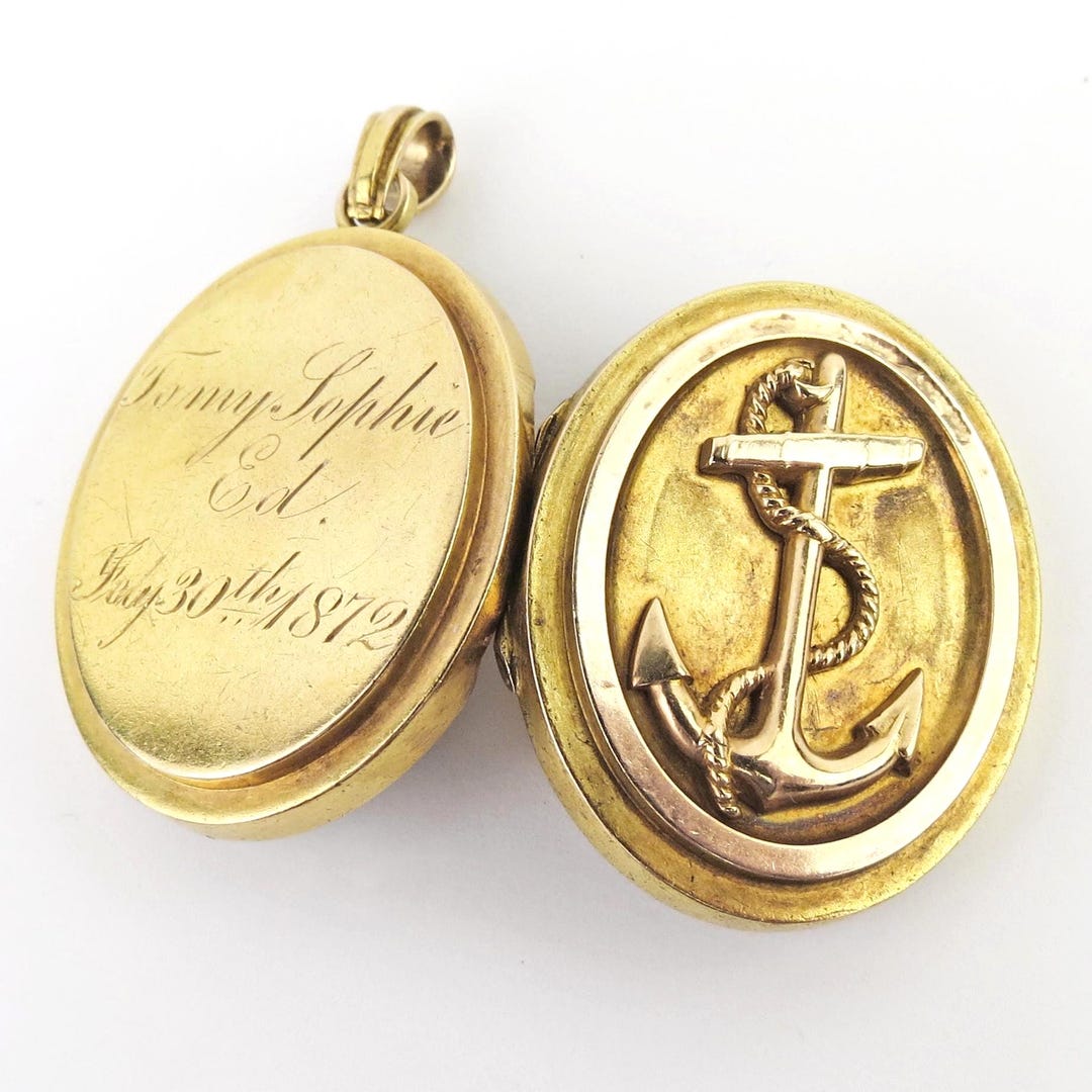 Antique 18k Yellow Gold Victorian Dated 1872 Anchor Rope Oval Nautical ...