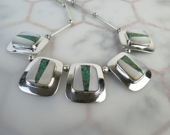 Native American cool white mother of pearl natural spiderweb light turquoise panel necklace in sterling silver