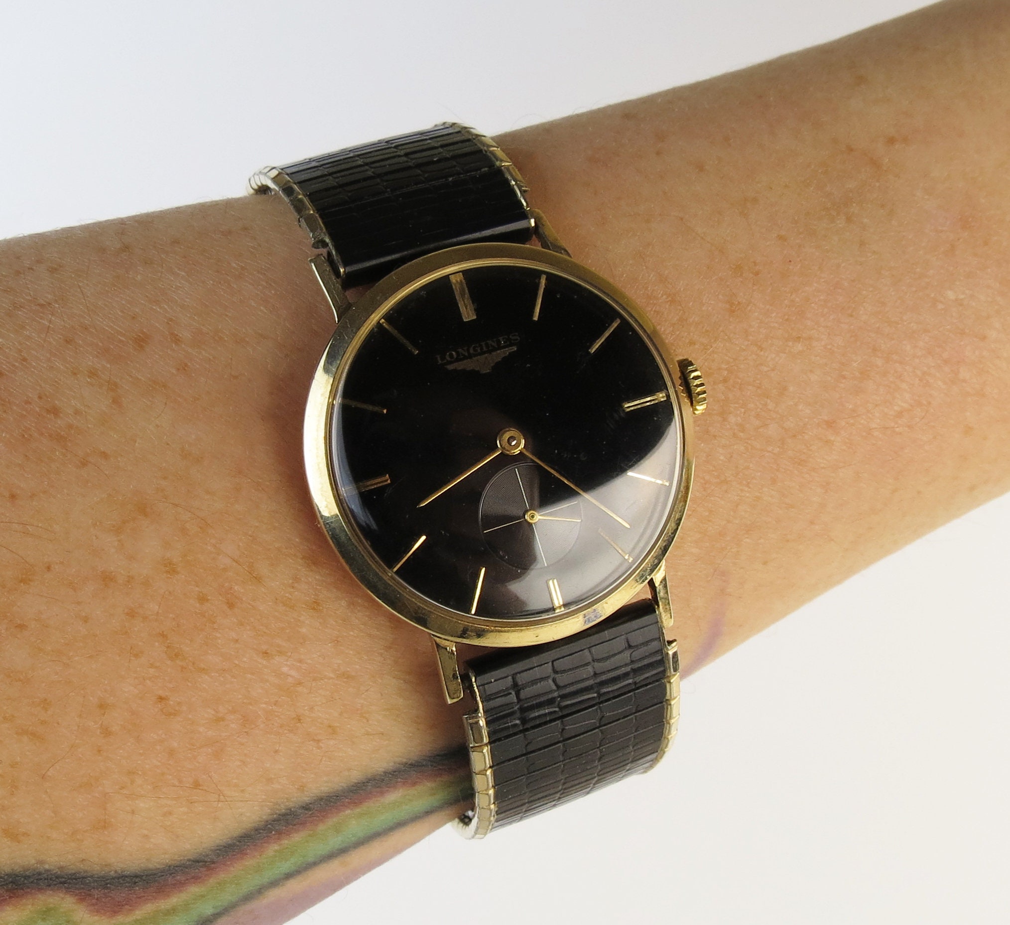 Sleek mid century slim black dial & band 10k gold filled