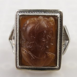 Vintage Ostby Barton Sterling Silver Cameo Ring: Art Deco Roman Soldiers, Size 6.25