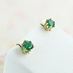 Bright green scintillating natural emerald small 14k yellow gold stud earrings with threaded posts