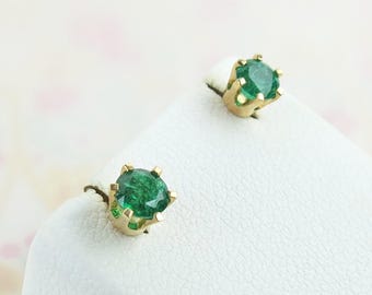 Bright green scintillating natural emerald small 14k yellow gold stud earrings with threaded posts