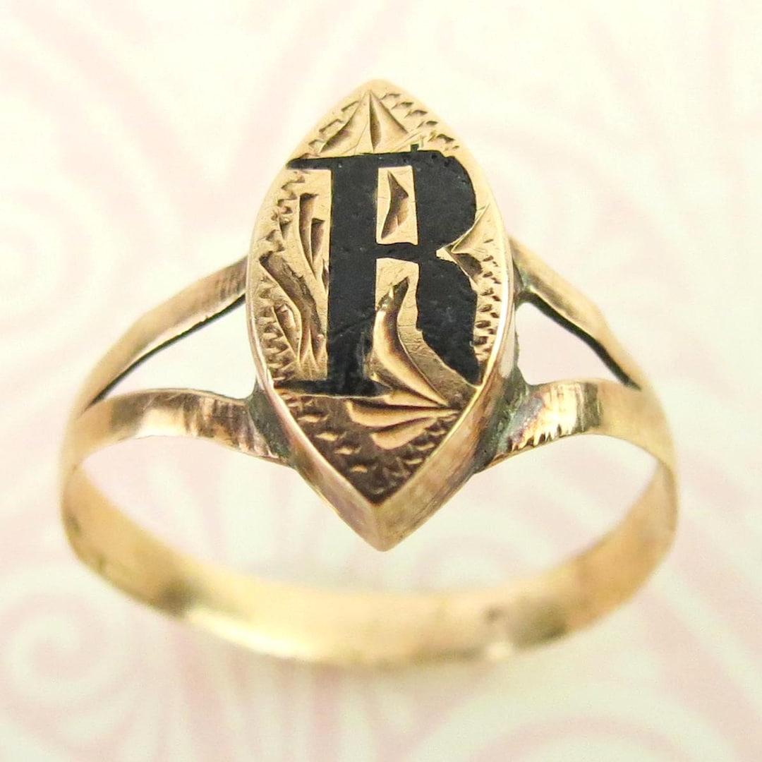 Signet Ring Letter R Antique Victorian Signet Letter R Monogram 10k Yellow Gold Enamel Ring ...