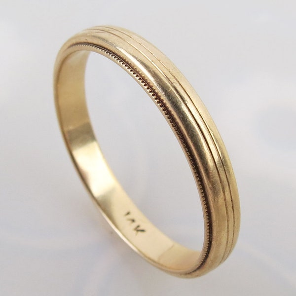 Vintage 1940s smooth double line with milgrain 14k yellow wedding band ring size 8.5